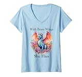 Photo Gallery donna with brave wings she flies dragon wing floral pink flower maglietta con collo a v Photo Gallery donna with brave wings she flies dragon wing floral pink flower maglietta con collo a v