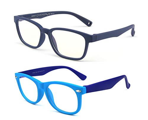 FOURCHEN Kids Blue Light Blocking Glasses, Anti Blue Light Glasses for Kids Computer Gaming TV Glasses Anti Glare & Eyestrain & Blu-ray Filter Glasses (2pk-matteblue+siliconeblue)
