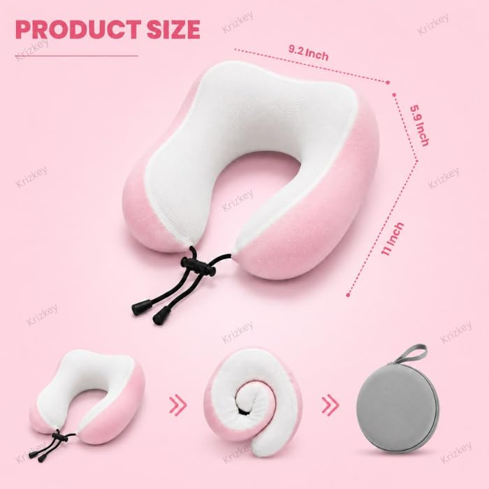 Image of Memory Foam Travel Neck Pillow with Storage Case | Soft Stretchable Fabric, Ergonomic U-Shaped Neck Support Cushion for Airplane, Car, Train & Office Travel (Pink)
