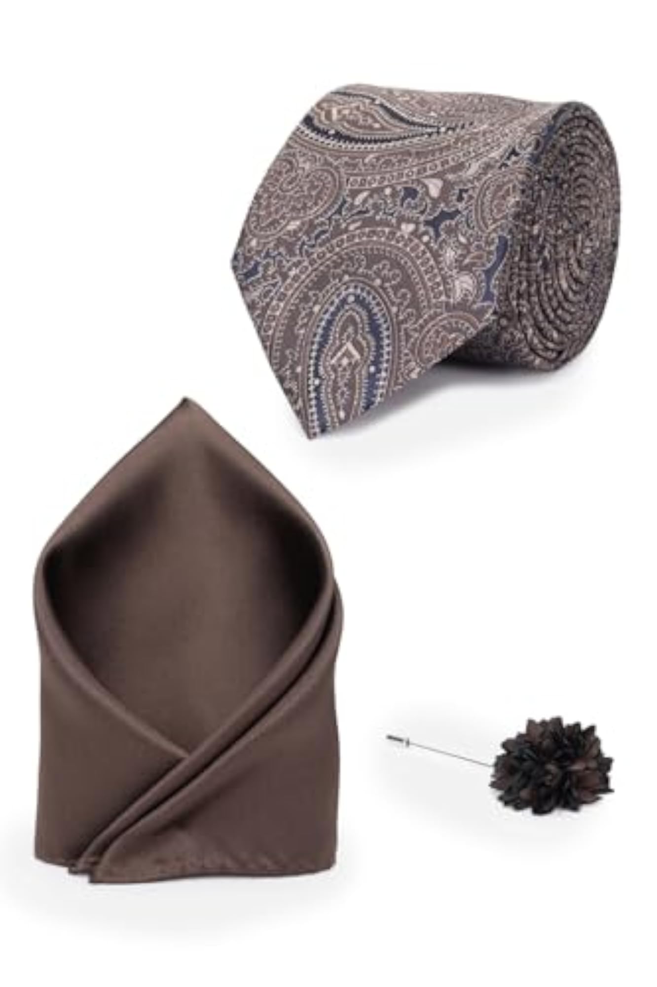 Men's Brown Party Tie Pocket Square and Lapel Pin