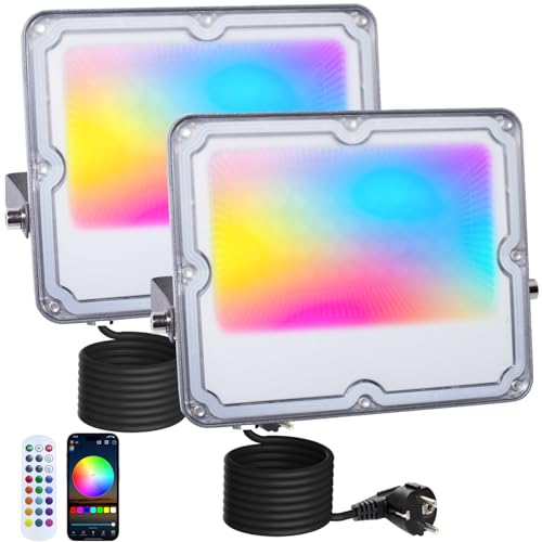 MEEKBOS 2 Piezas Foco LED RGB Exterior 30W, Regulable Foco LED con APP Bluetooth y Mando a Distancia 2.4G, IP66, 16 Millones de Colores DIY, Para Jardín, Fiestas, Pascua, Halloween, 3000LM
