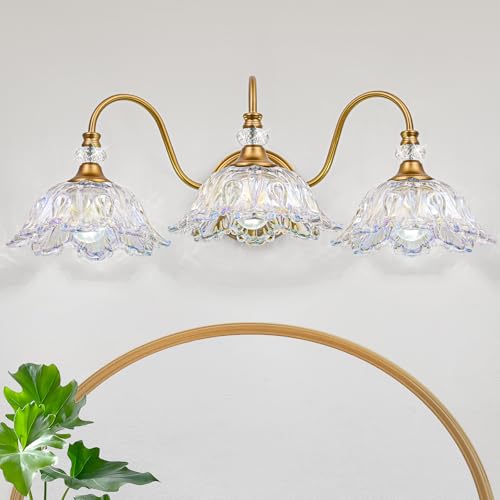 Image of Vintage Bathroom Vanity Light, 3-Light Matte Brass Finish Vanity Light with Flower-Shaped Rainbow Glass Shades, Retro Wall Sconce for Bathroom