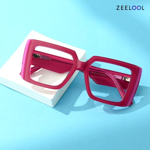 Image of Zeelool Rectangle Glasses Frame for Women Men, Acetate Eyewear Eyeglasses Frame with Non-prescription Clear Lenses & Spring Hinge ZJGA838378-02, Red