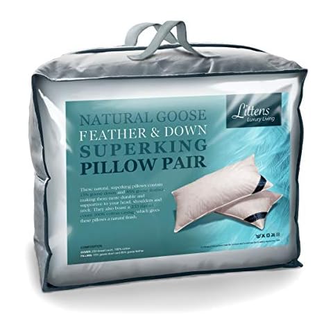 50cm x 90cm Littens Pair Super King Size White Goose Feather & Down Pillows 230TC 100% Cotton Casing, Down Proof (20" x 36") Cover