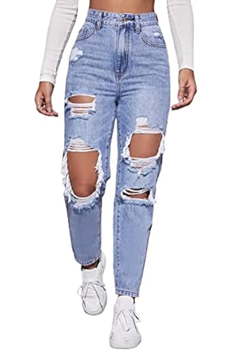 LINUMIN Women's High Waist Straight Leg Ripped Jeans Distressed Denim Pants (Blue, M)
