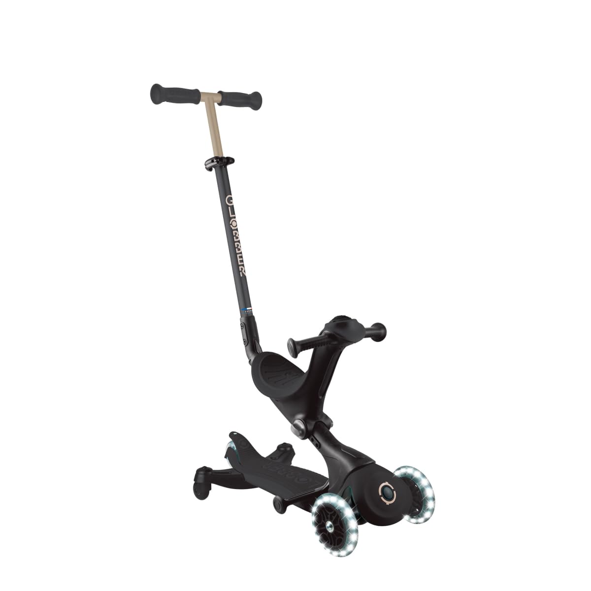 GLOBBER GO-UP Deluxe Lights 360 – 3 in 1 Aufsitzrad, Laufrad, Scooter, 120/80mm, 3-rädrig, verstellbar, LED-Rollen