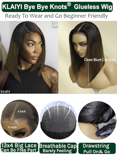 Image of KLAIYI Ombre Brown Yaki Straight Bob Wig Human Hair Glueless 13x4 Precut HD Lace Front Wigs Drawstring Bye Bye Knots Pre Plucked Bleached Pre Everything Wear and Go Wig with Dark Roots Chestnut 14Inch