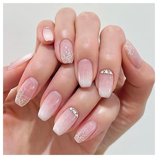 YOSOMK Gradient Nude Pink Press On Nails Medium Coffin Fake Nails with Rhinestones Design Glossy Ombre Ballerina Stick on Nails Glitter Sequins False Nails for Women