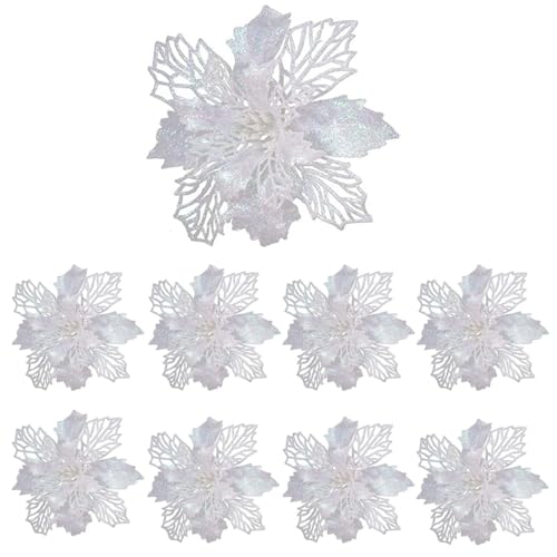 Aisszhao 8PCS Christmas Large Glitter Poinsettia White,16 cm