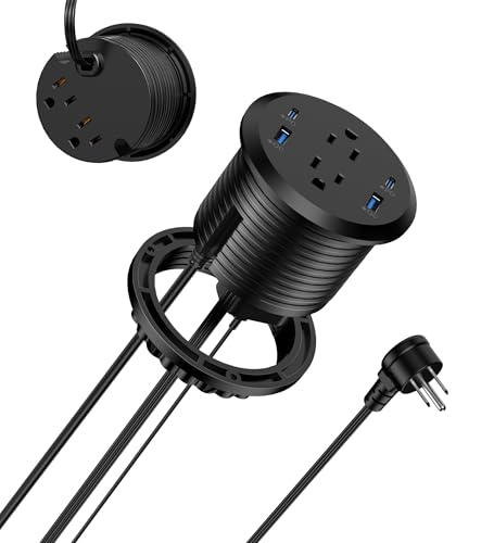 Jgstkcity Power Strip Flush Mount Recessed Power Grommet 65W USB C Fast Charging 3-Inch Hole 4 Outlets & 4 Ports Ideal for Desktop & Countertop Outlet Dual-Sided (Black 6FT)
