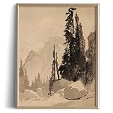Forest Landscape Drawing Print Poster - Vintage Farmhouse Engrave Line Wall Art - Mountain Nature Trees Etching Rustic Picture - Grey Neutral Sketch - Minimalist Mid Century French Country Room Decor