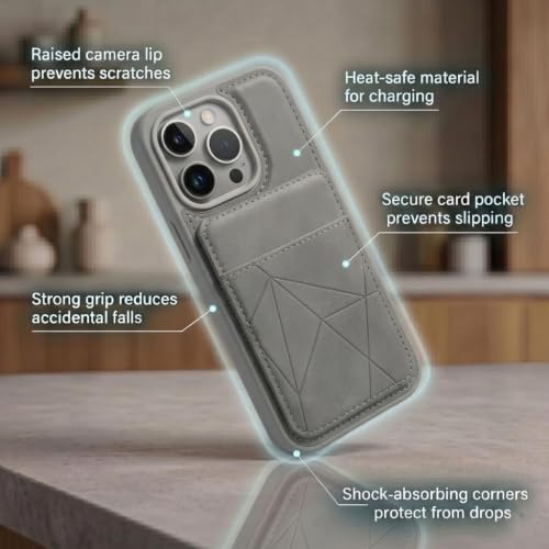 Image of amazon basics Premium Vegan Leather Back Cover with Card Holder and Integrated Mobile Stand for iPhone 16 Pro - Slim Shockproof Wallet Case with Geometric Stitching [Gray]