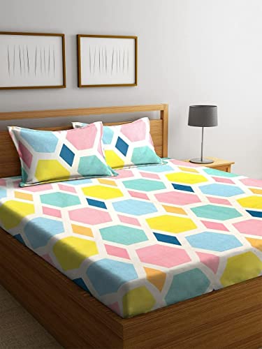 Image of Jashan Elastic King Size Fitted bedsheets with 2 Pillow Cover | King Size bedsheets | 100% Glace Cotton | Fitted bedsheet Cotton King 72 inch x 78 inch inches (Double Elastic Bedsheet, Multi-23)