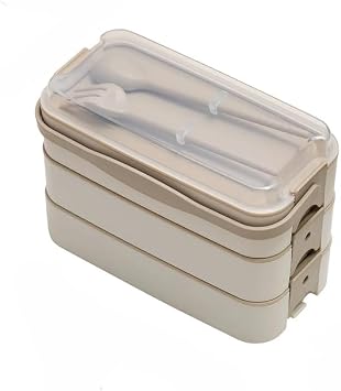 Orret Home 1260 ml 3 Tiers 6 Compartment BPA-Free PP Plastic Expeditionary Transport and Feeding Bag, Interlocking Bento Lunch Box, Microwaveable, Fork and Spoon Included Cream