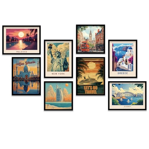 Image of kotart Retro Travel Theme City Vibes Wall Decor Photo Frames - Modern Art City Vibes Wall Decor Photo Frames - Wall Poster with Frame for Room Office Living Room Hotel Home Decor Set of 8 (Art 4, Big(13x17 or 13x13 inch), Framed)