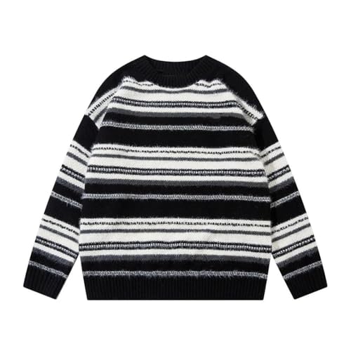 Men's Casual Striped Knitted Sweater Street Loose Long-Sleeved Round Neck Pullover Top2
