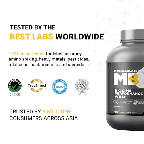 Image of MuscleBlaze Biozyme Performance Whey Protein Powder, Magical Mango (2kg / 4.4lbs) | 25g Protein Per Scoop | Clinically Tested 50% Higher Protein Absorption