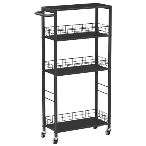 Carrito de Cocina con Ruedas, Carrito Estrecho,Carrito de Servicio de 4 Niveles, Carro con cestas metálicas con Tapa de Madera, Carro de Ahorro de Espacio para la Cocina, Baño, Restaurante