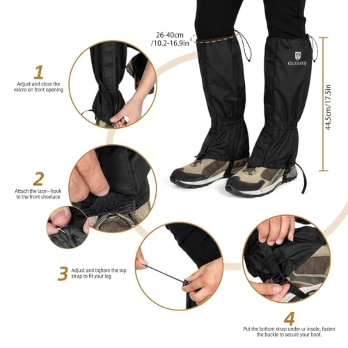Image of Gustave Gaiters for Hiking, Climbing, Leggings, Trekking, Waterproof Windproof Sandproof Adults Hiking Gaiters, with Secure Fasten Belt Adjustable Hiking Gaiters Lightweight Gaiters (1 Pair) | Secure Fasten Belt, Adjustable, Lightweight Boot Leg Cover Protect for Mountain Snow, Hiking, Skiing, Walking, Climbing
