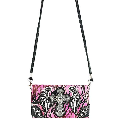 Justin West Camouflage Tree Bling Rhinestone Angel Wing Cross Shoulder Concealed Carry Handbag Purse3