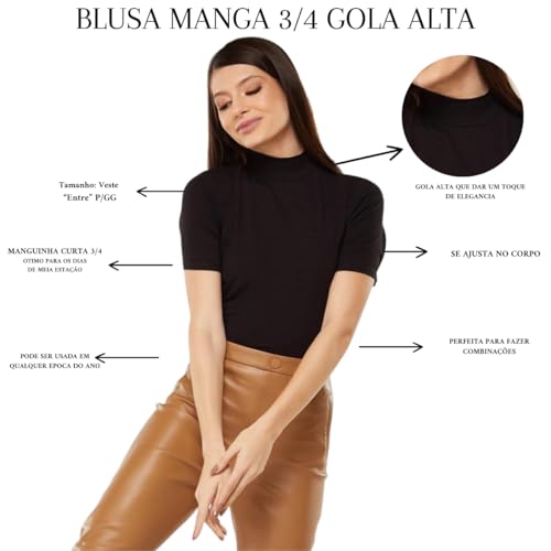 Kit 2 Blusas Tshirt Gola Alta Manga 3/4 Blusinhas Viscolycra Feminina (BR, Alfa, GG, Regular, Preto