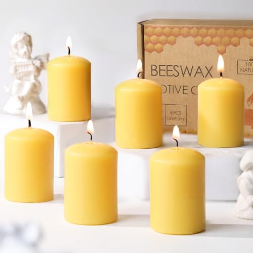 11 Hour Long Burning Beeswax Votive Candles 6 Pack Natural Yellow Unscented Small Pillar Candles for Weddings Home Decor and Spa Smokeless & Dripless Votive Candle Bulk Set