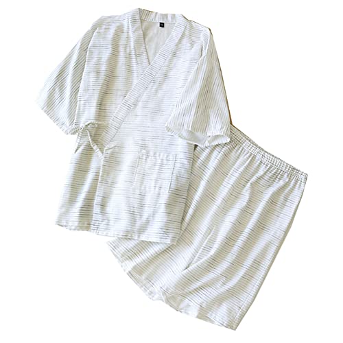 OWLONLINE Kimono japonés Pijama de Hombre Top de Manga Corta y Pantalones Pijama Conjunto de Pijama Talla XL Blanco