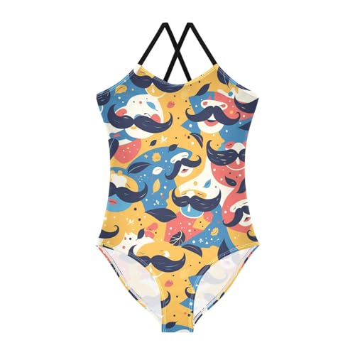Art Decor Mustache Pattern Retro Happy Fathers Day Kids Girls 1-Piece Bathing Suit Beach Swimwear Adjustable Shoulder