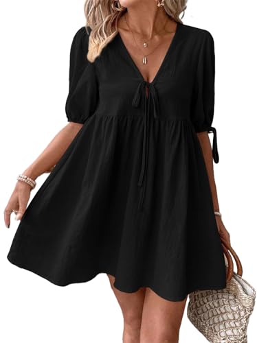 Image of IDEALSANXUN Linen Dresses for Women 2025 Spring Summer Beach Tie Front V Neck Short Sleeve A Line Cute Flowy Swing Mini Sundress,Black,L