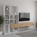 Dmora - Wohnwand Wausau, Wohnzimmer-Set mit 3 Schubladen, Mehrzweck-Wohnzimmer-Bücherregal, 226 x 28 x 173 cm, Weiß und Nodi-Eiche