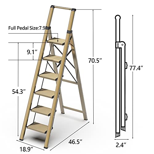 Soladder 6 Step Ladder, Folding Step Stool With Handgrip And Anti-Slip Wide Pedal, Portable Lightweight Aluminum Stepladder For Kitchen, Home, Library, Office (330 Lbs Capacity) - Gold #TOP7