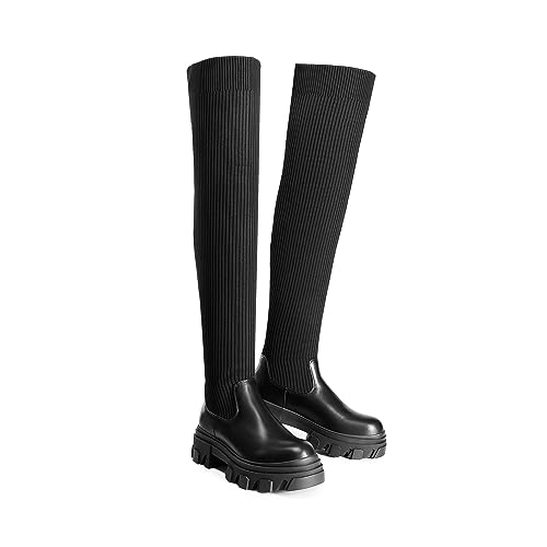 DREAM PAIRS DREAM PAIRS Women's Sdob222w-1 Over The Knee Platform Thigh High Boots Long Stretch Soft Chunky Lug Sole Fall Fashion Boots, Black Knit, Size 8