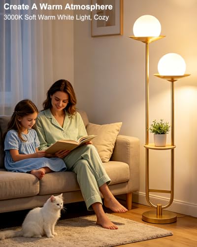 Image of 63IN Globe Floor Lamp with Shelf 2-Lights Modern Dimmable Floor Lamps with 3000K Soft Warm White Bulbs for Wedding /Party, Gold Tall Standing Lamp for Living Room /Bedroom /Home Office
