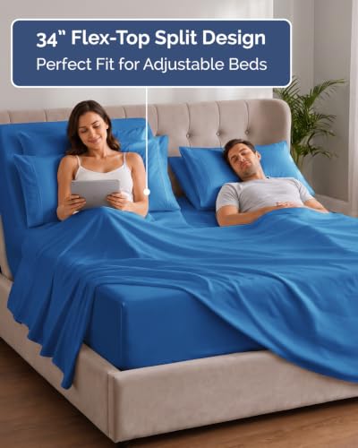 Image of Extra Deep Flex Top Split Head King Sheet Set - 6 Piece Breathable and Cooling Sheets - Hotel Luxury Bedding for Women, Men, Kids & Teens - Easy Secure Fit - Extra Deep Pockets - Royal Blue