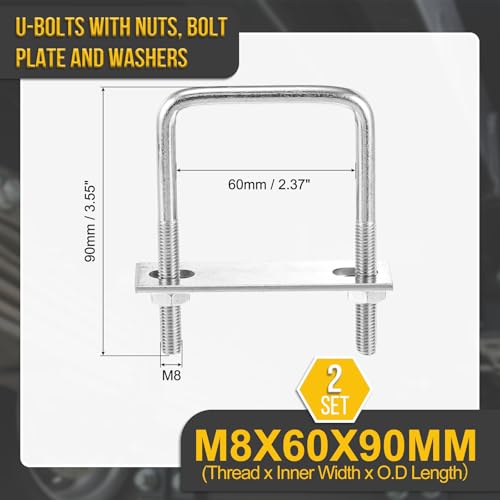 Image of DTGN M8x60x90mm U Bolts Square Kit - 2Set - 304 Stainless Steel U-Bolt Kit with Nuts, Washers, Frame Plate - Good for Pipe, Trailer, Automotive, Leaf Spring Fastener