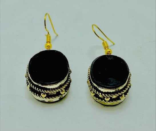 Black Stone Oval Shape Drop Dangle Hook Earrings, Ethnic Earrings, Light Weight Earrings