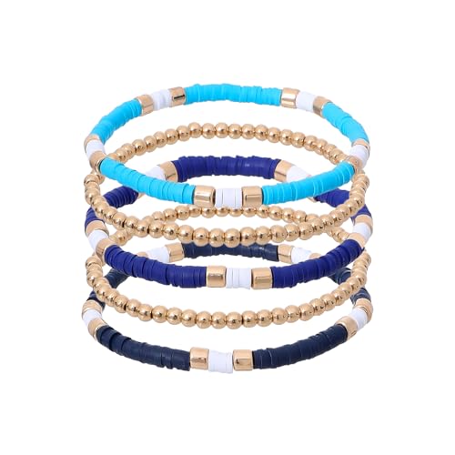 GOOJIDS Surfer Heishi Clay Bead Bracelets for Women Bohemian Stackable Gold Plated Beaded Stretch Bracelets Elastic Layering Friendship Bracelets Set Boho Jewelry