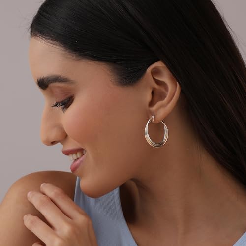 Image of TRUESILVER ACPL 925 Sterling Silver Hoop Earrings for Women | BIS Hallmarked Two-Tone & Three-Tone Intertwined Hoop Earrings | Oval & Round Lightweight Jewelry