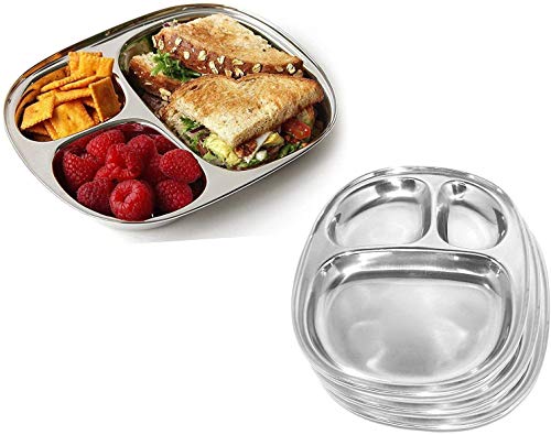 IndiaBigShop Stainless Steel 3 Compartment Oval Plate Thali Mess Tray Dinner Plate Pav Bhaji Plates Breakfast Plates Suction Plates Kids Dinner Plates Set of 4 pcs- 11 inch