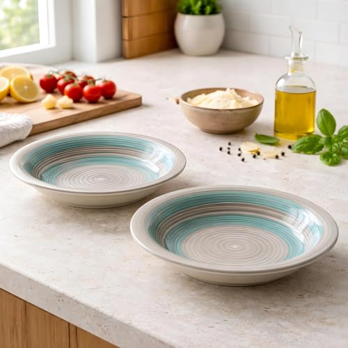 Image of Pasta Bowl Set of 2 | 7 Inch, Deep Soup & Salad Serving Plates | Microwave & Dishwasher Safe Big Bowl | Stylish Kitchen Tableware for Pasta, Soup & Everyday Dining (2, Turquoise-Grey)