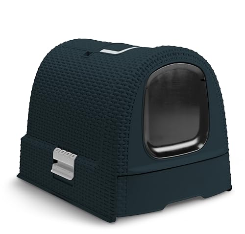 Curver Casa di toilette per gatti con lettiera chiusa, scomparto inferiore rimovibile per una facile pulizia, paletta per lettiera e tappetino inclusi, 51 x 39 x 40,5 cm, blu di mezzanotte