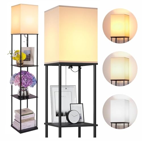 4 Tier Metal Floor Lamp with Wooden Shelves/Standing lamp with 3 Adjustable Color Mode/Corner Bright Lamp for Decoration/Energy Efficient Night Lamp for Bedroom/Living Room/Home Décor (Black)