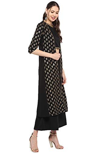 Janasya Black Foil Printed Crop Top With Palazzo And Ethnic Jacket #TOP3