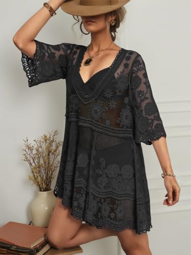 Image of Eomenie Women's Contrast Lace Bathing Suit Cover Up V-Neck Swimsuit Coverups Loose Swimwear Beach Dress Beachwear