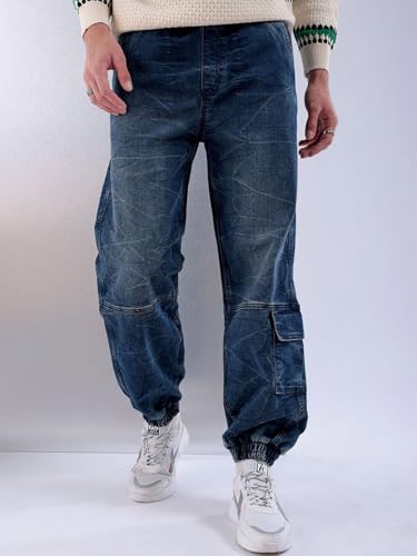 Image of The Indian Garage Co Men Loose Fit Solid Mid-Rise Stretchable Denim Joggers