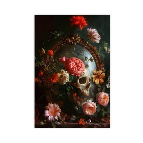 Toile tête de mort gothique et floral pour rompre la monotonie des murs blancs de votre bureau