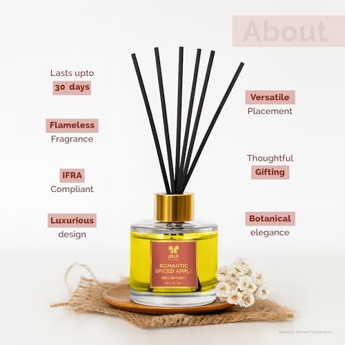 Image of IRIS Aroma Reed Diffuser - 100ml | Elegant Home Fragrance with 6 Fiber Reeds, Glass Round Bottle with Gold Cap | Aroma Diffuser for Cozy Decor & Gifting (Spiced Apple)