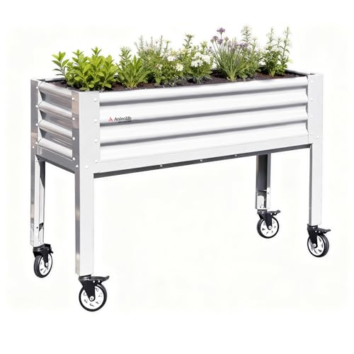 Image of Anleolife Rolling Elevated Raised Garden Bed with Wheels, Antique White