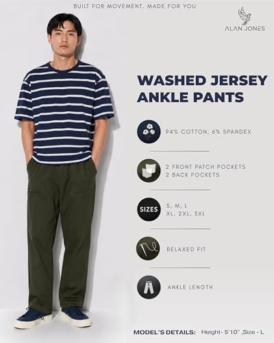 Image of Alan Jones Clothing Mens Washed Jersey Cotton Ankle Pants | Soft Stretch Jersey Cotton | Elastic Waist with Drawstring