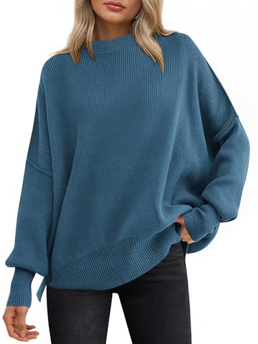 Image of ANRABESS Women Oversized Sweaters Batwing Long Sleeve 2026 Fall Outfits Crewneck Casual Knit Side Slit Fashion Pullover Top